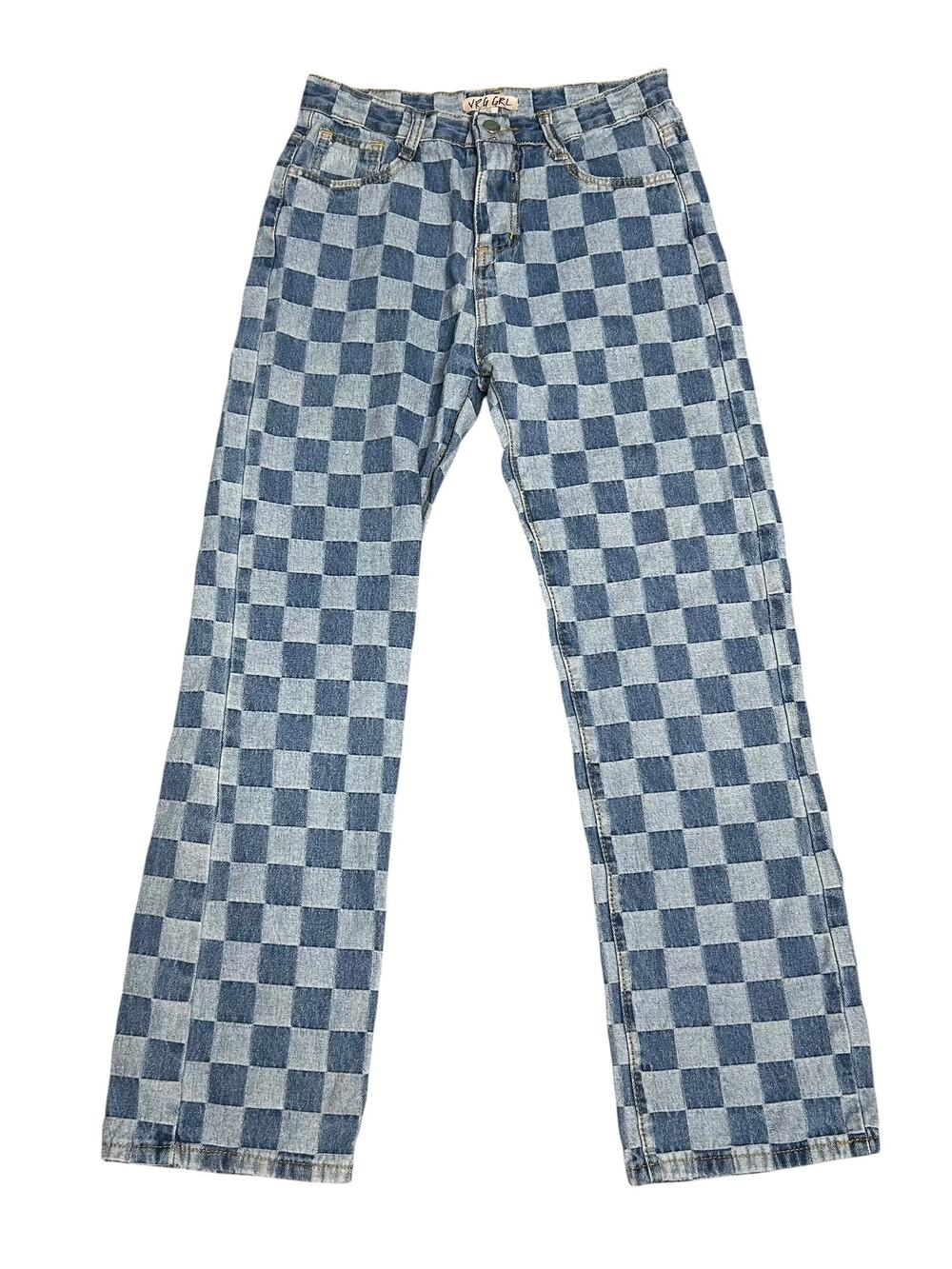 VRG GRL Checkerboard Denim Straight Leg Jeans Small Y2K Skater